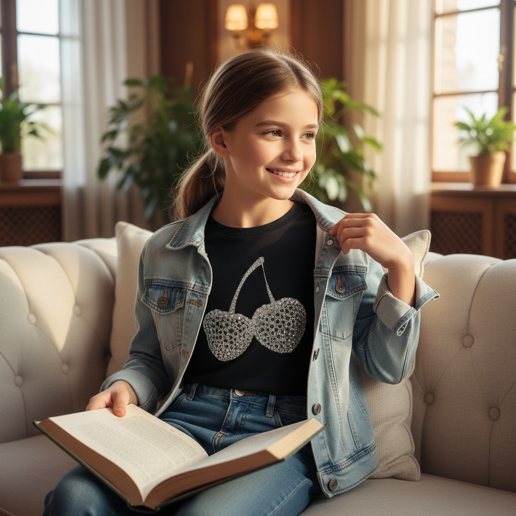 Zwart T-shirt met glinsterende kersenprint (Sofie Schnoor)