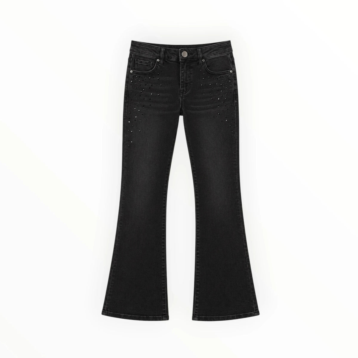 Pierrot Outlet zwarte flared jeans met subtiele steentjes bij de zakken en een flatterende uitlopende pasvorm.