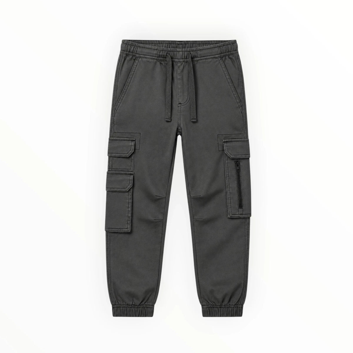 Pierrot Outlet antracietgrijze cargo broek van katoenmix met elastische tailleband, trekkoord en zijzakken met rits.