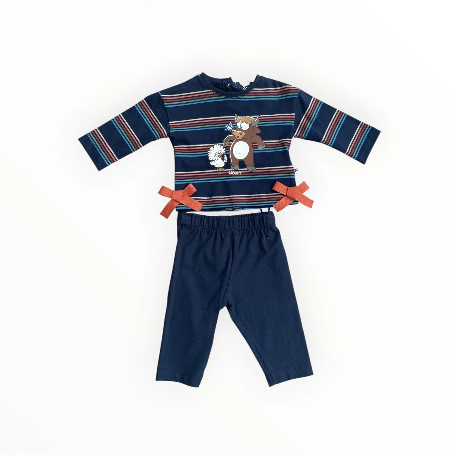 Pierrot Outlet gestreept baby pyjamapak met stier en kuiken print, lange mouwen en legging met strikjes.