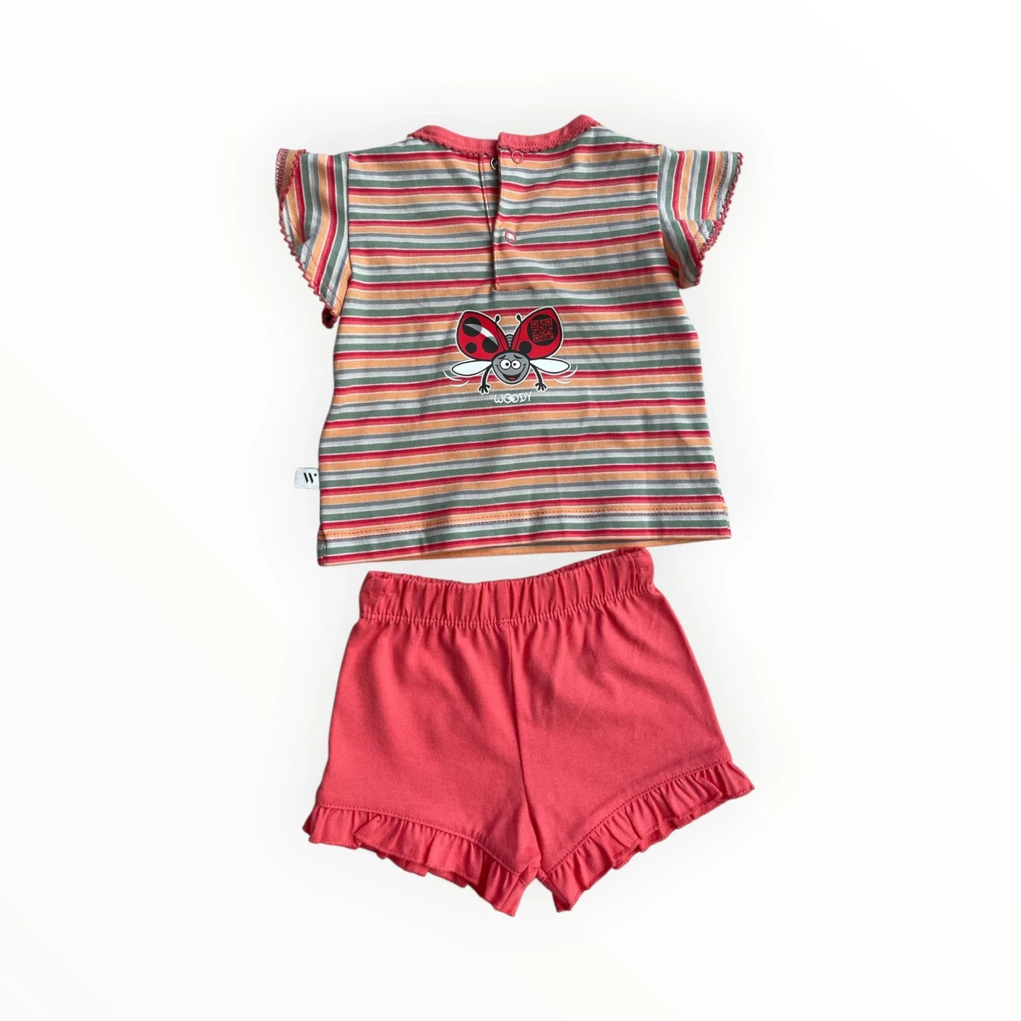Pierrot Outlet babykleding set met gestreepte top en rode ruchebroek. Lieveheersbeestje print op de top.