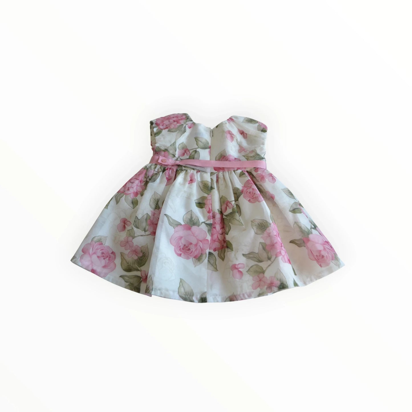 Pierrot Outlet bloemenprint jurk met roze strik, korte mouwen, ronde hals en wijde rok. Perfect voor speciale gelegenheden.