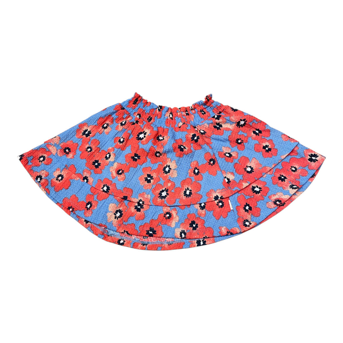 Pierrot Outlet blauwe rok met rode bloemenprint, elastische tailleband en gelaagde zoom. Zomerse kindermode.