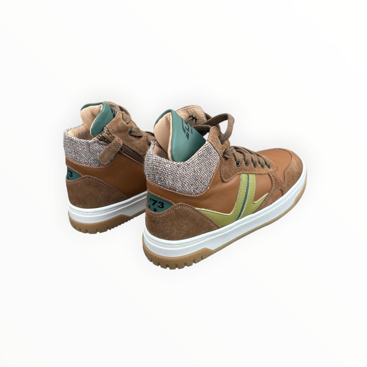 Pierrot Outlet hoge sneakers van bruin leer en suède met groene accenten, ritssluiting en stevige profielzool.