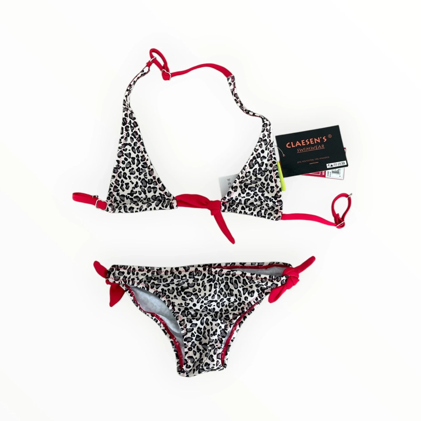 Pierrot Outlet Claesen's bikini met luipaardprint en felrode strikdetails, gemaakt van polyester en spandex.