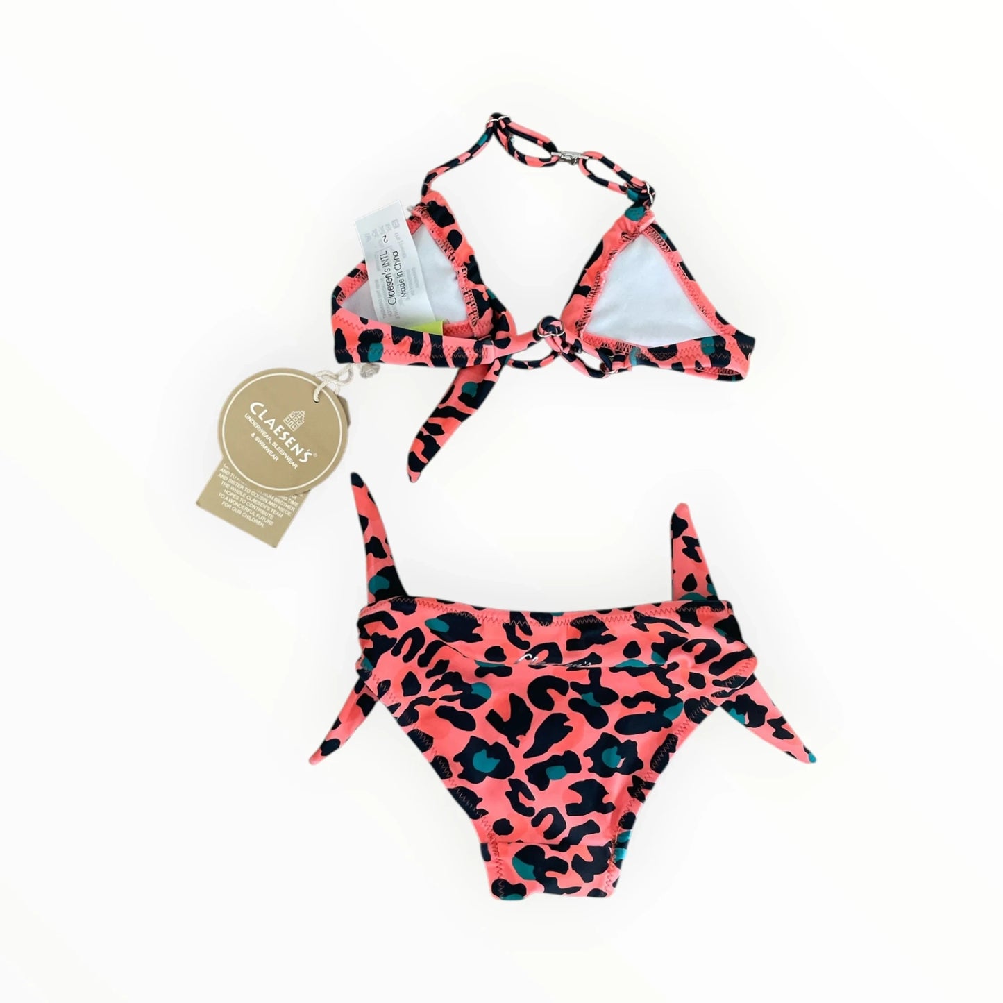 Pierrot Outlet Claesen's bikini in koraalroze met luipaardprint, strikdetails en verstelbare bandjes.