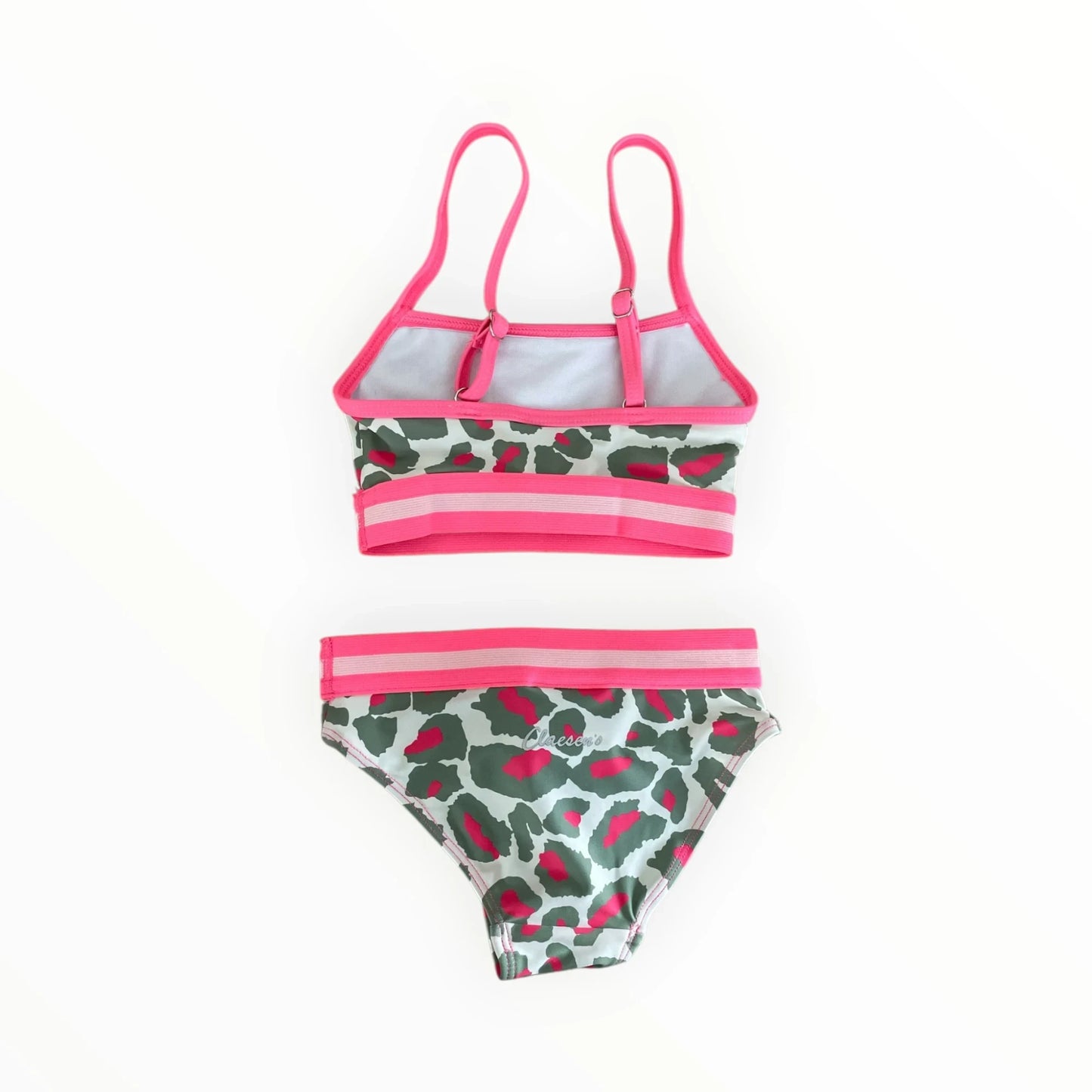 Pierrot Outlet Claesen's tweedelige bikini voor meisjes met luipaardprint en felroze accenten en verstelbare bandjes.