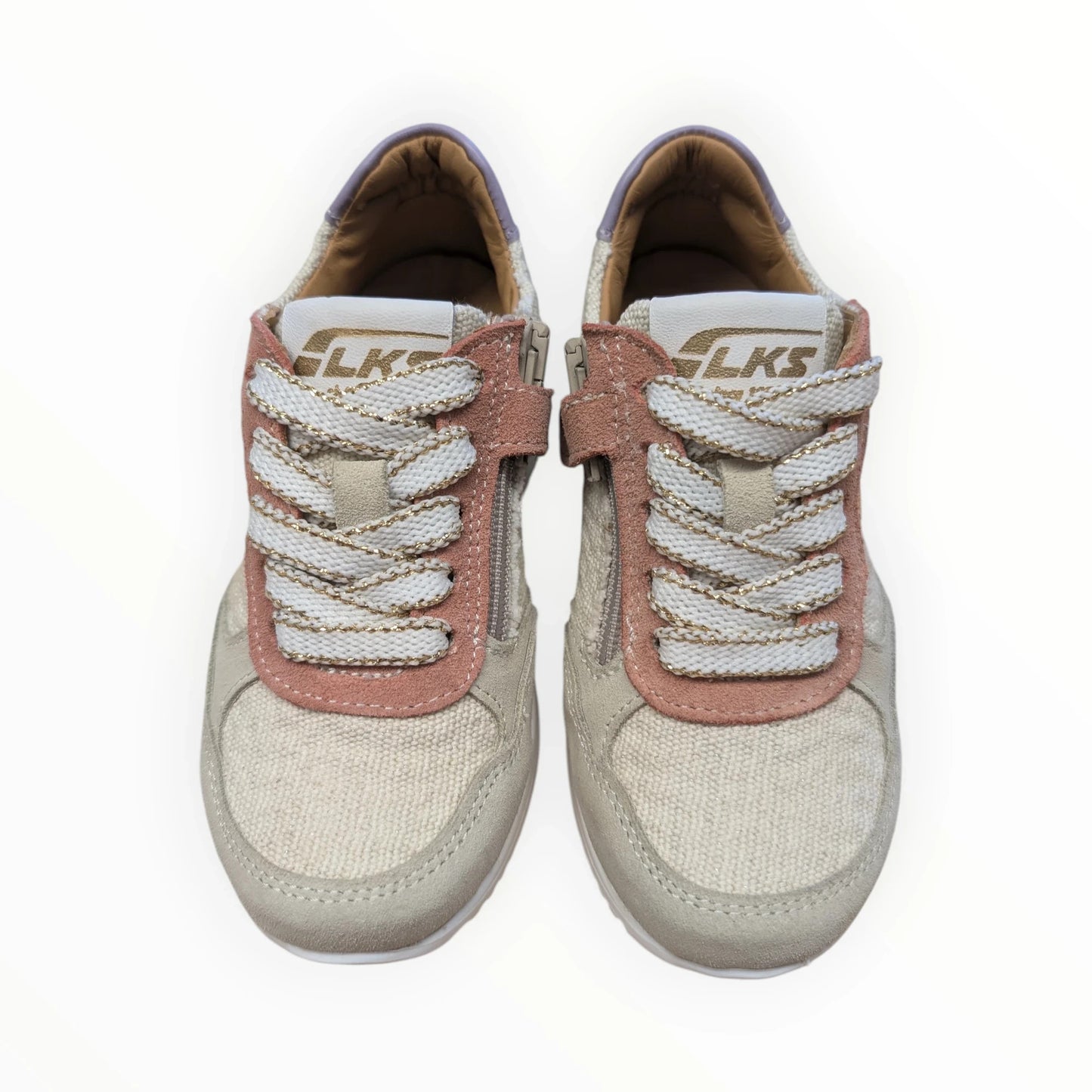 Pierrot Outlet dames sneakers met veters en rits, beige met roze en gouden details, textiel en suède-look