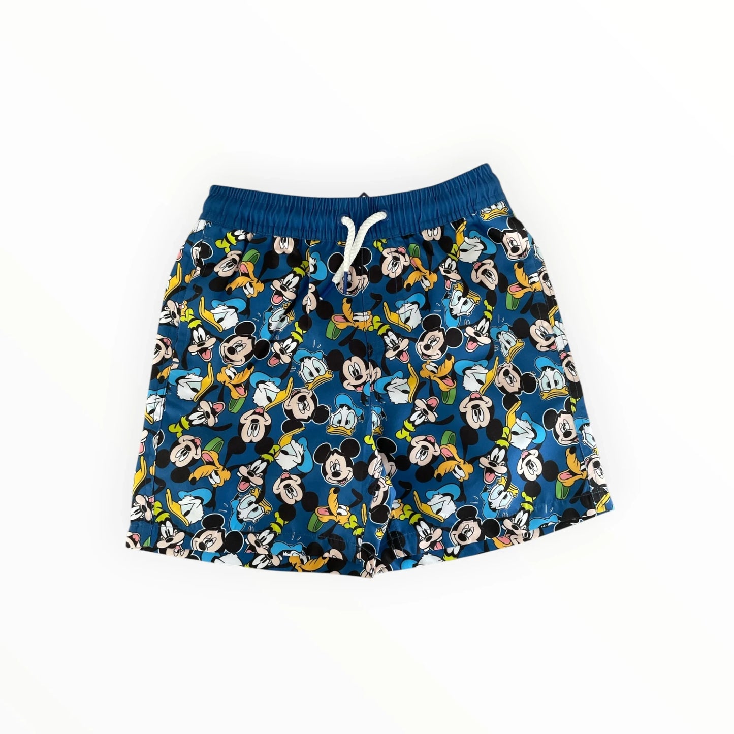 Pierrot Outlet Disney zwemshort voor kinderen in blauw met Mickey Mouse en Donald Duck print en wit trekkoord.