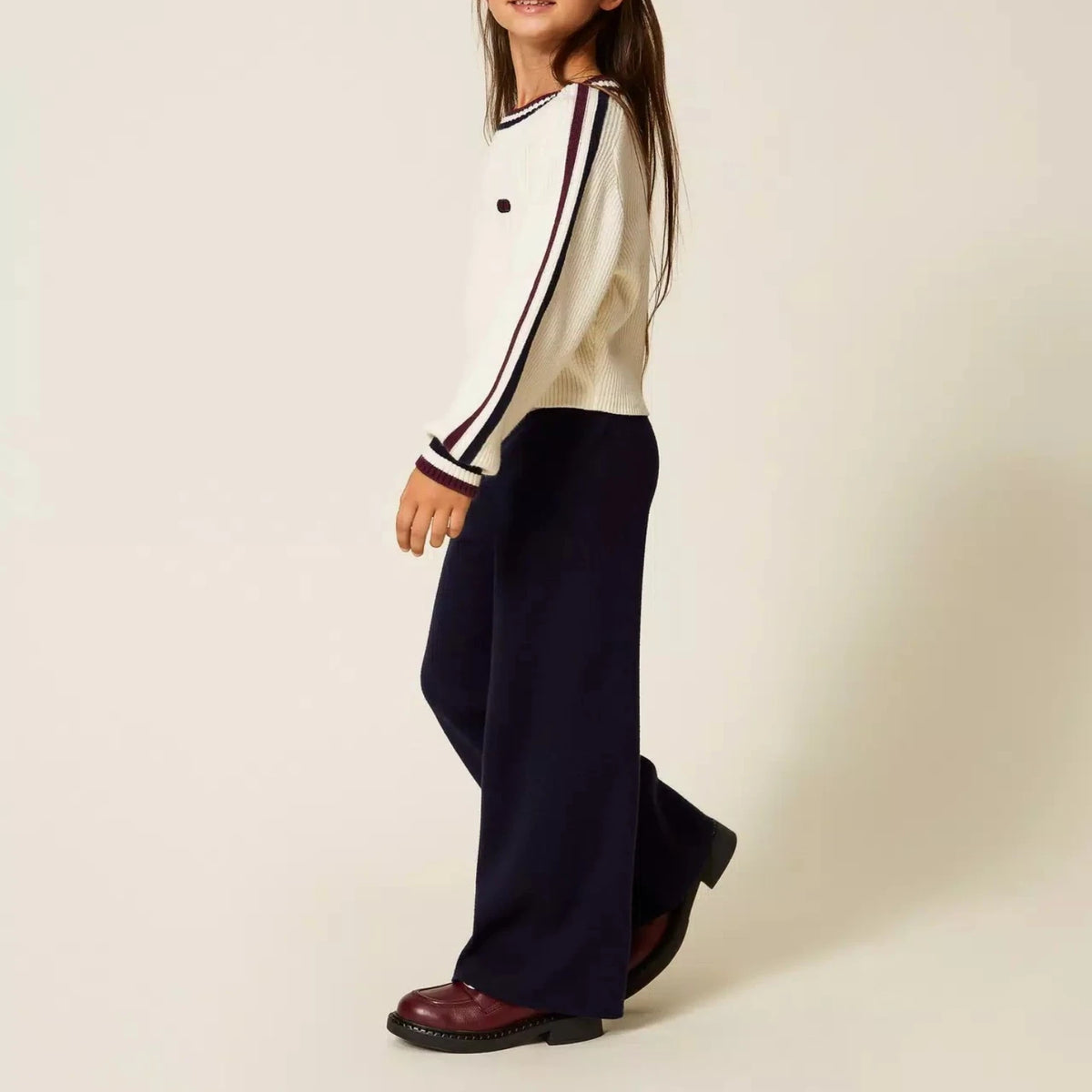 Pierrot Outlet donkerblauwe gebreide broek met wijde pijpen en elastische tailleband voor kinderen