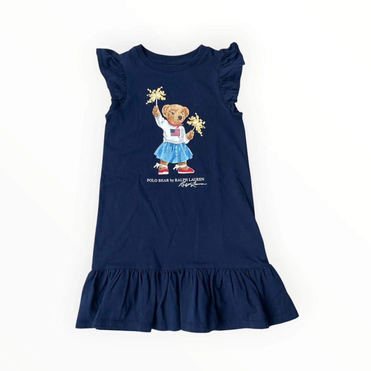Pierrot Outlet donkerblauwe katoenen kinderjurk met Polo Ralph Lauren beer print en ruches bij de mouwen en zoom