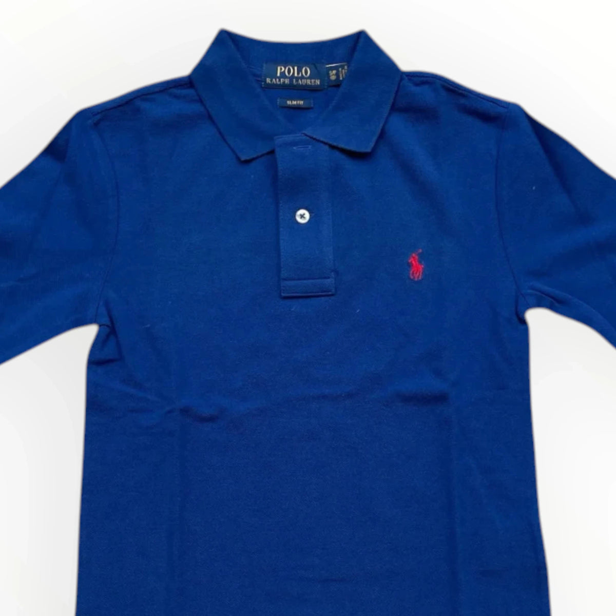 Pierrot Outlet donkerblauwe Polo Ralph Lauren polo met lange mouwen, slim fit katoen en rood geborduurd logo op borst