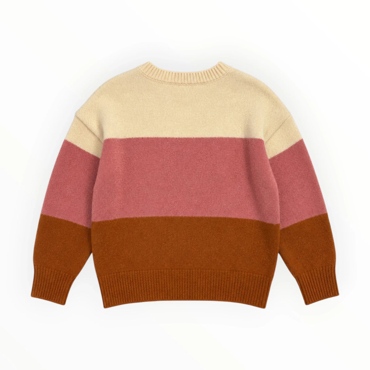 Pierrot Outlet gebreide kindertrui met color-block design in crème, roze en bruin en een ronde hals.
