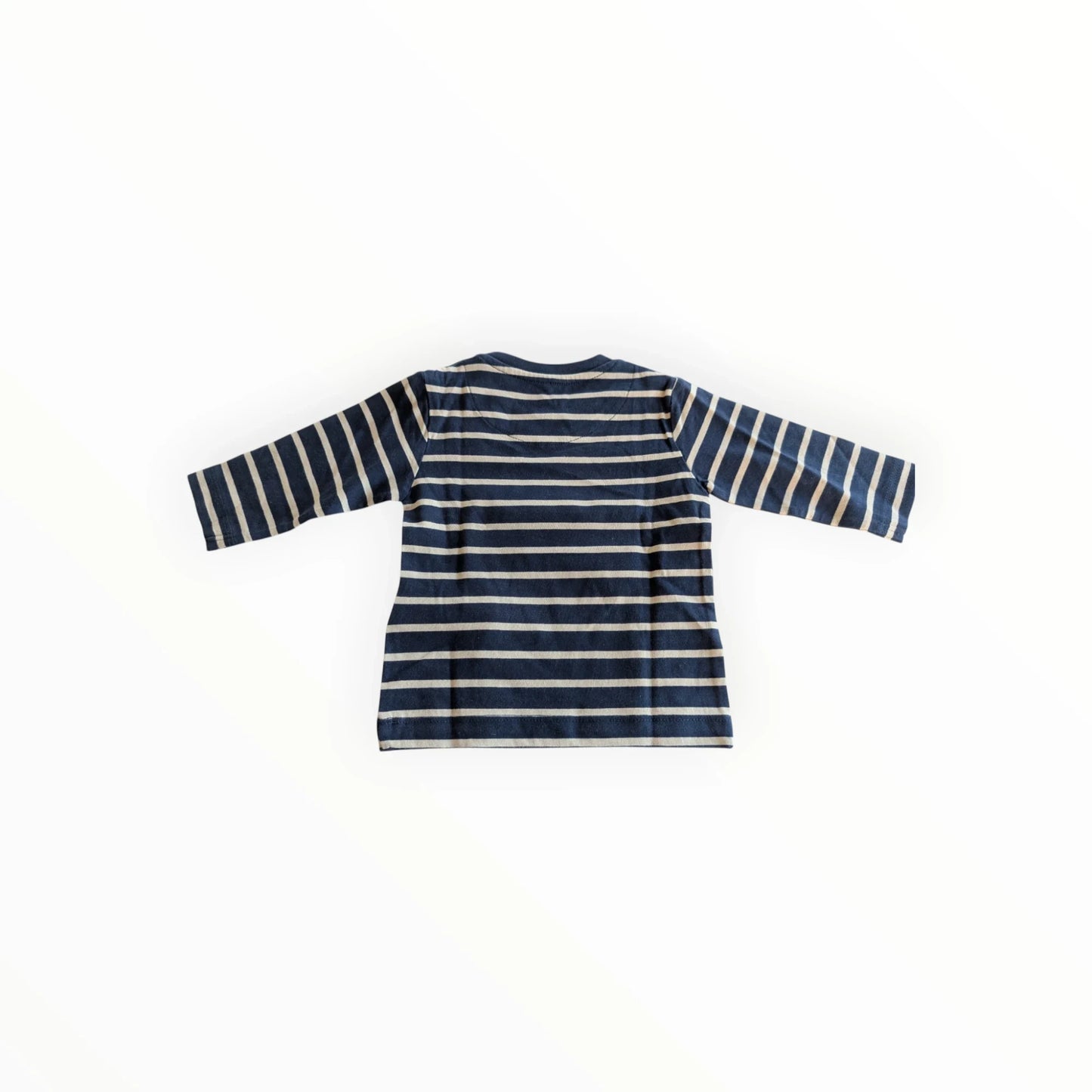 Pierrot Outlet gestreept shirt met lange mouwen voor kinderen, marineblauw en beige katoen met motorfiets applicatie.