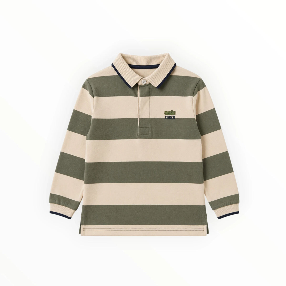 Pierrot Outlet gestreepte kinderpolo met lange mouwen in beige en olijfgroen katoen met geborduurde croco applicatie
