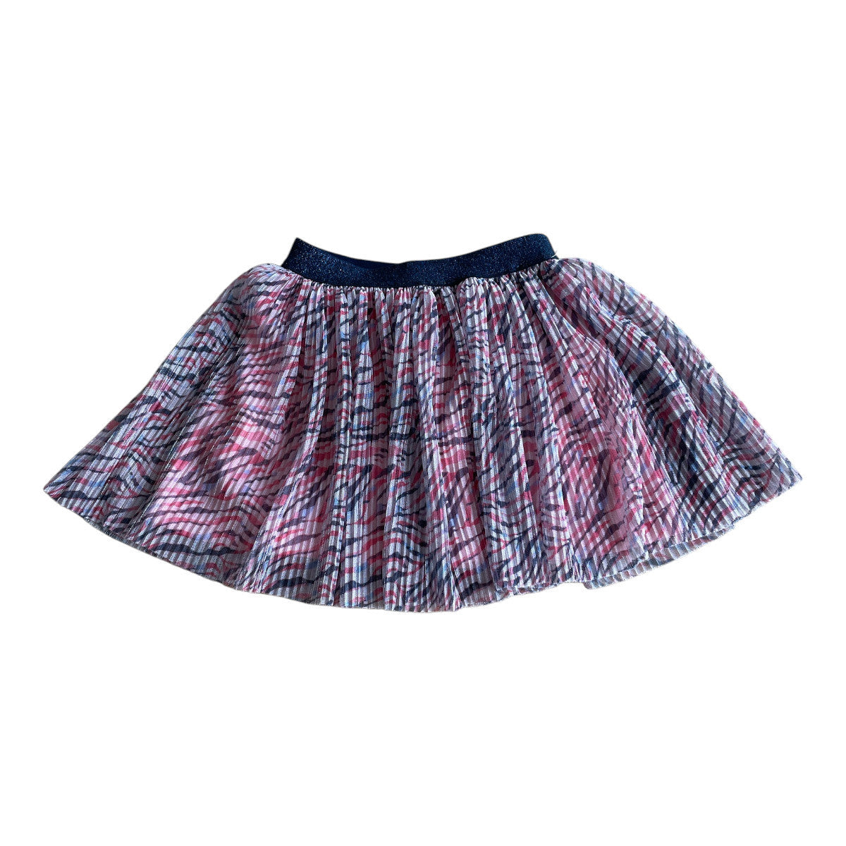 Pierrot Outlet gestreepte plooirok voor kinderen in roze, blauw en zwart met elastische tailleband.