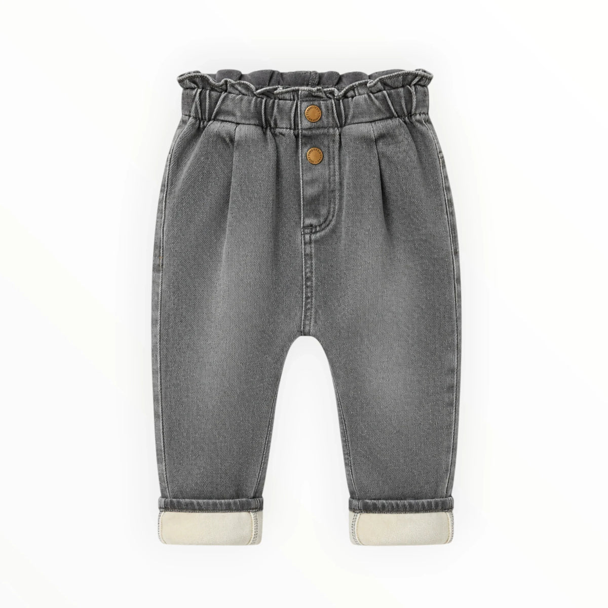 Pierrot Outlet grijze denim broek voor kinderen met elastische tailleband, ruffle-detail en omgeslagen broekspijpen.