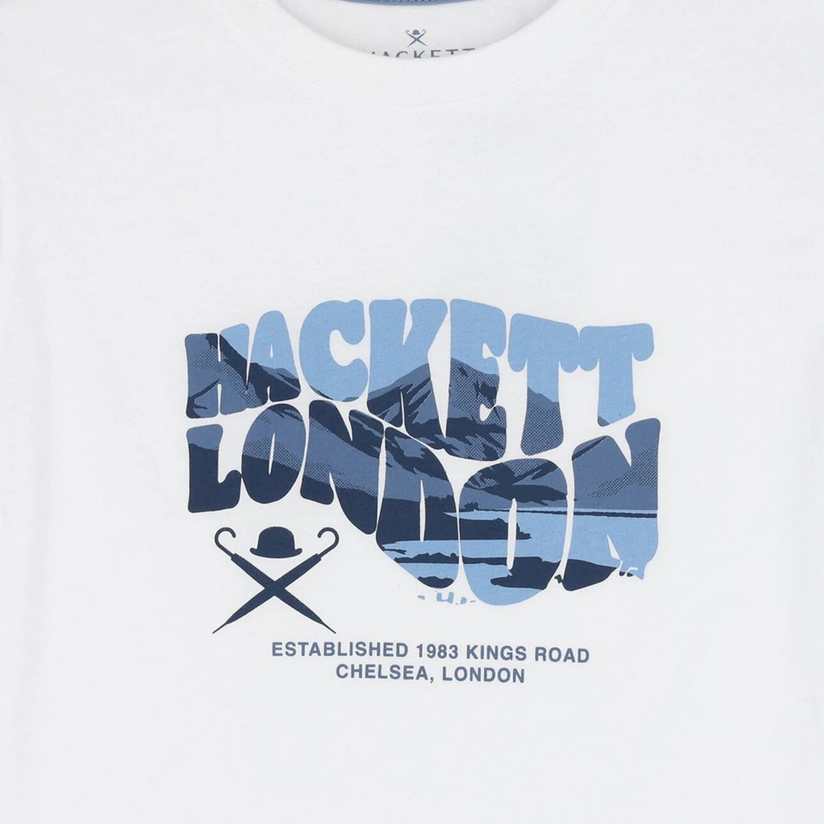 Pierrot Outlet wit katoenen Hackett London T-shirt met blauwe grafische print en iconisch logo op de voorzijde
