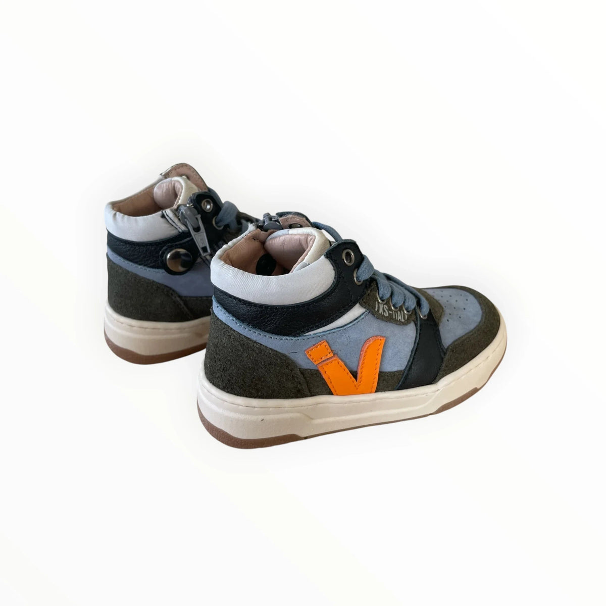 Pierrot Outlet hoge sneakers voor kinderen in blauw, donkergroen en oranje van leer en suède met ritssluiting