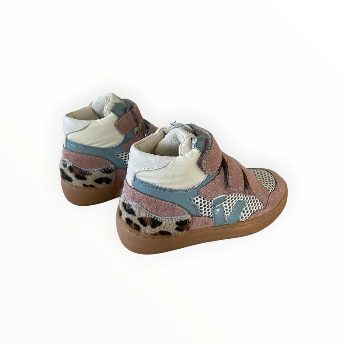 Pierrot Outlet hoge sneakers voor kinderen in roze, blauw en off-white suède met luipaardprint detail en klittenband