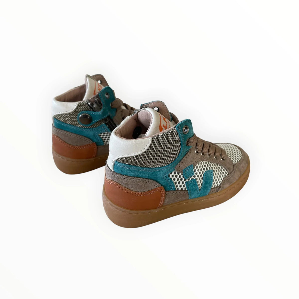 Pierrot Outlet hoge sneakers voor kinderen in bruin, petrol en wit suède met mesh en ritssluiting aan de zijkant