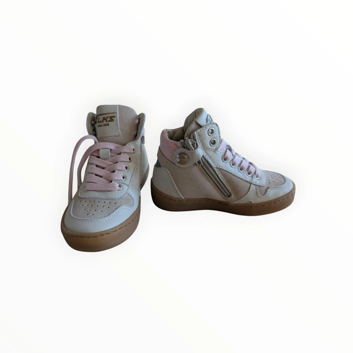 Pierrot Outlet kinderschoenen hoge sneakers beige/off-white leer/suède met roze veters en rits