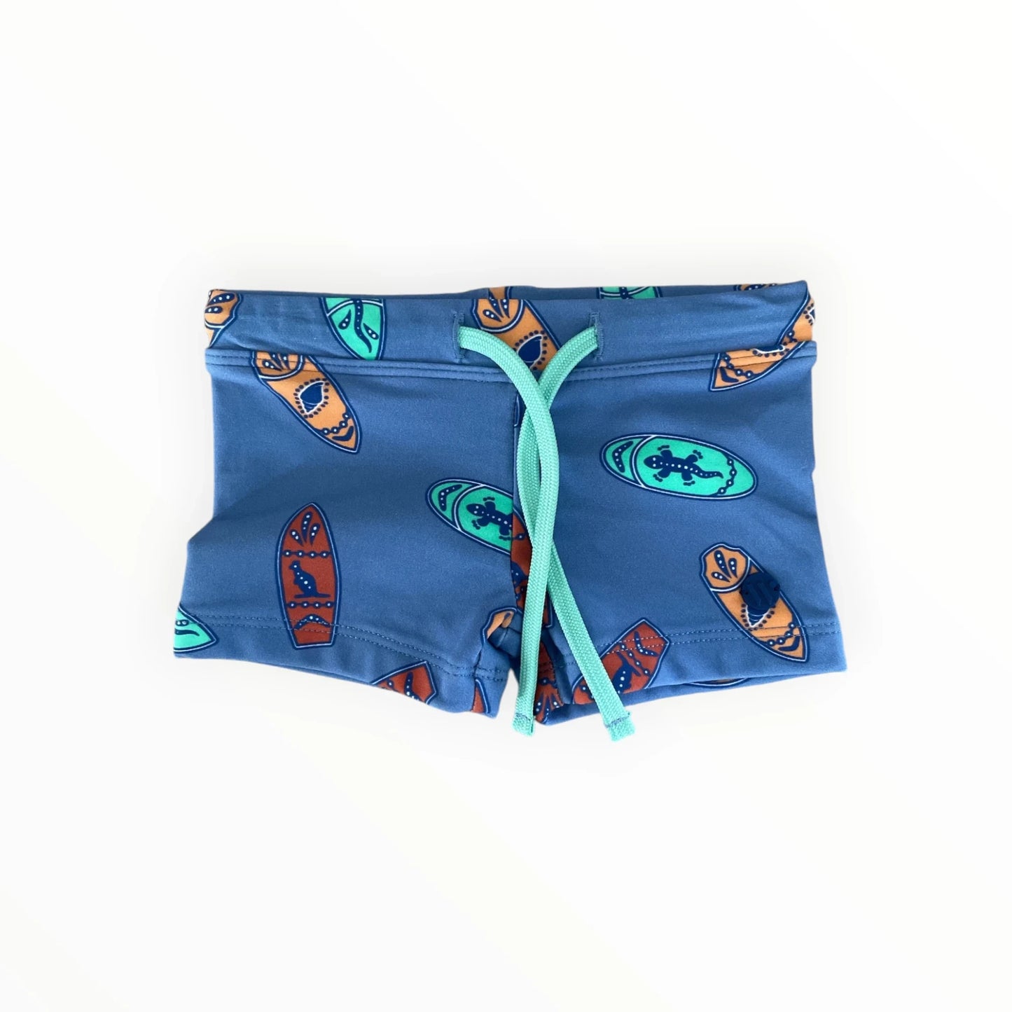 Pierrot Outlet blauwe zwembroek voor jongens met surfplank en hagedis print en mintgroen trekkoord.