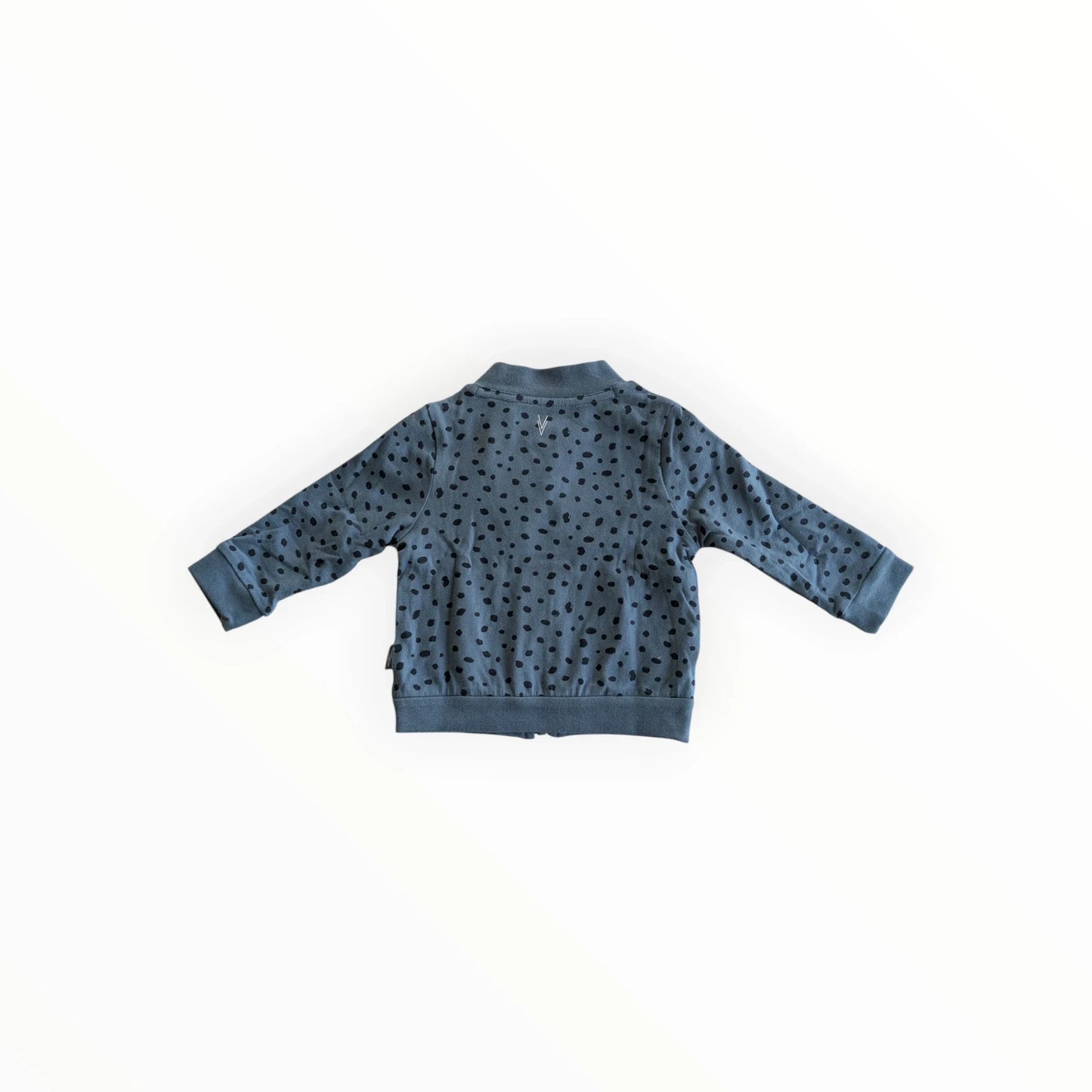 Pierrot Outlet kinder bomberjack met stippen, blauw katoen, opstaande kraag, ritssluiting en elastische boorden.