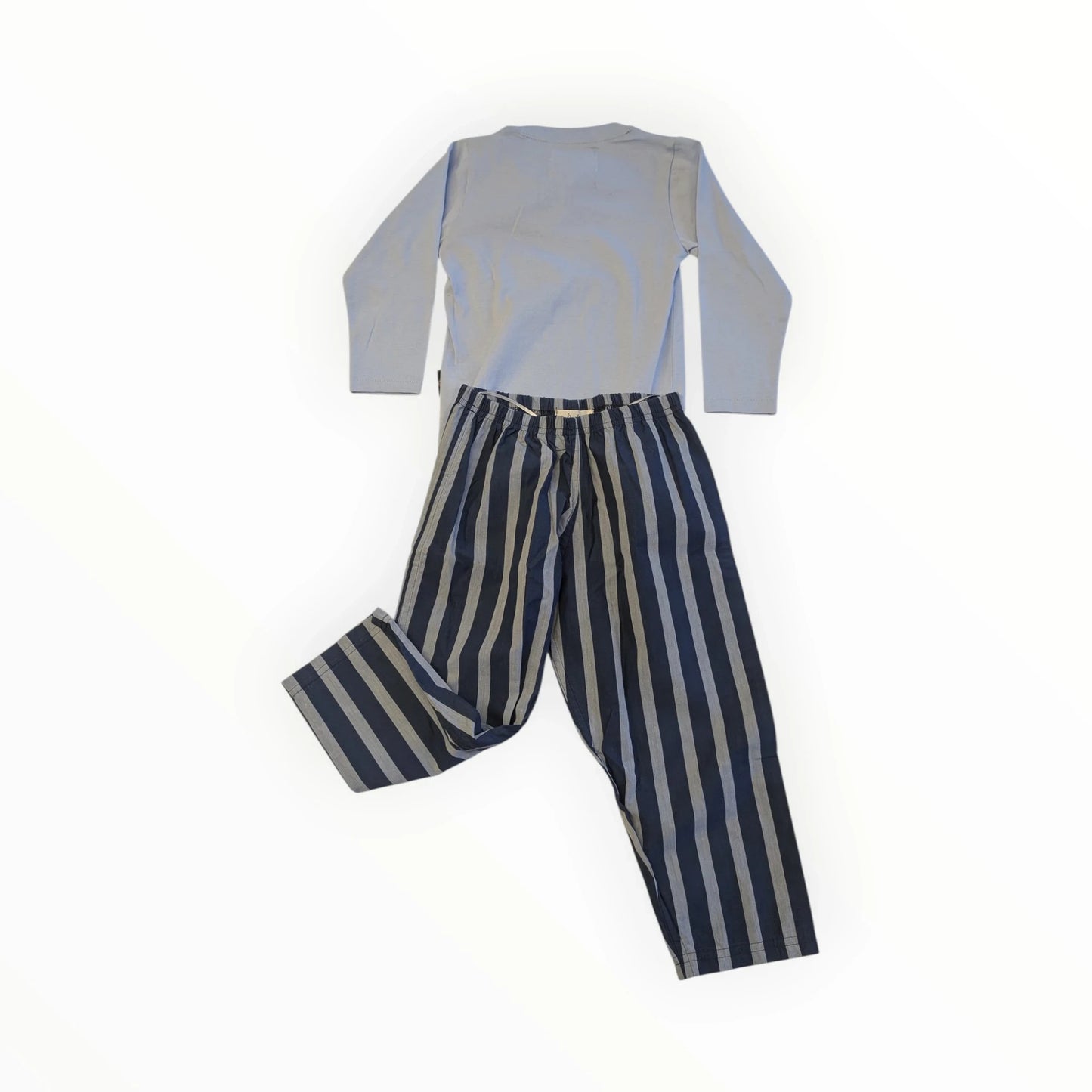 Pierrot Outlet kinder pyjamaset met lichtblauwe longsleeve en donkerblauwe/grijze gestreepte broek van katoen.