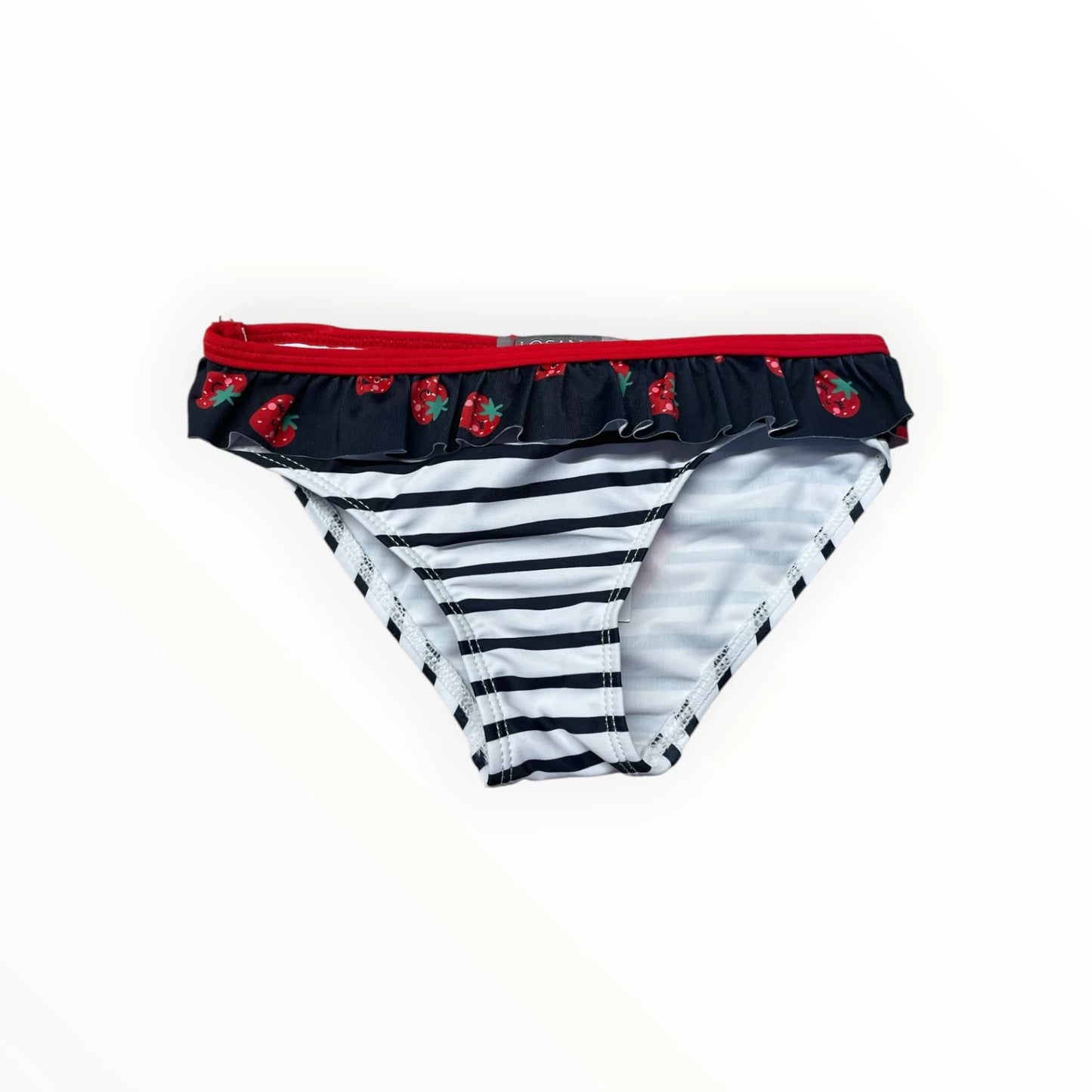 Pierrot Outlet kinderbikinibroekje met aardbeienprint, blauw-witte strepen, rode tailleband en ruches.