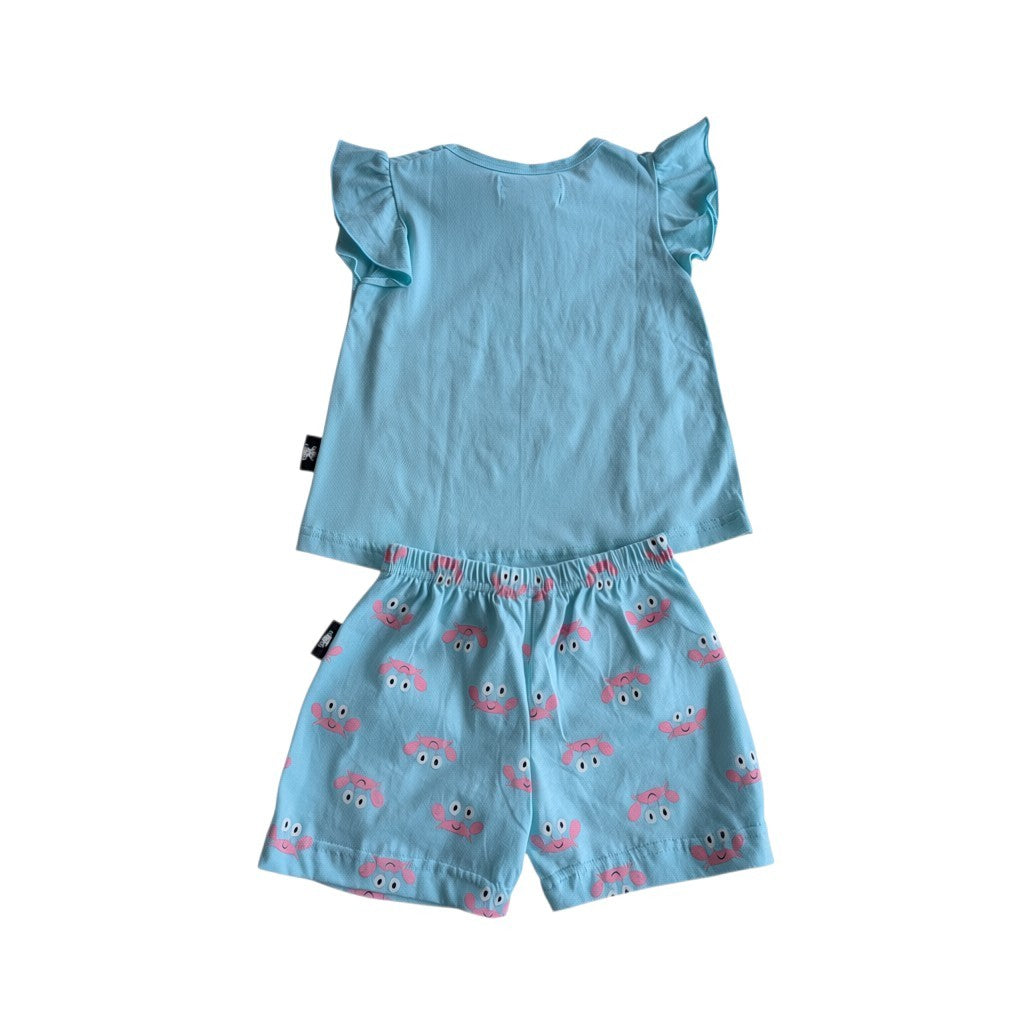 Pierrot Outlet lichtblauwe katoenen pyjamaset met korte mouwen en krabbenprint
