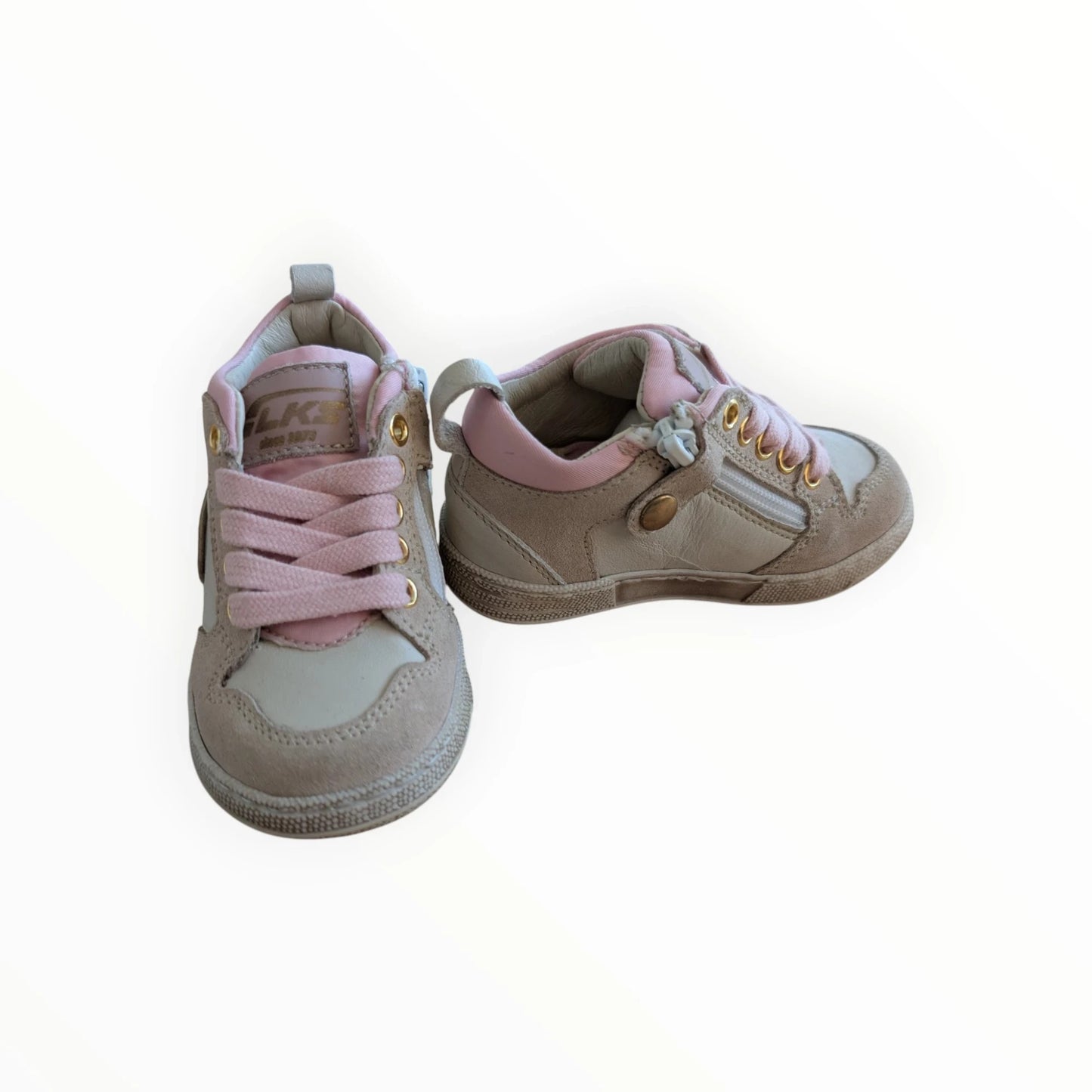 Pierrot Outlet beige en roze kindersneakers van suède en leer met veters en rits