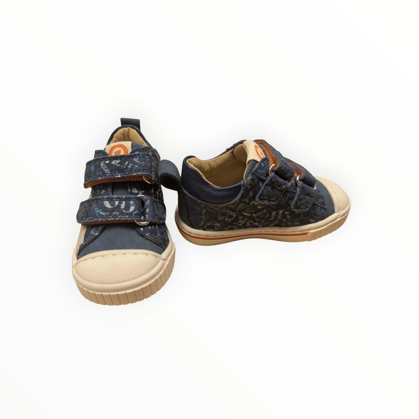 Pierrot Outlet kindersneakers met klittenbandsluiting, donkerblauw met patroon, textiel en leer, rubberen zool.