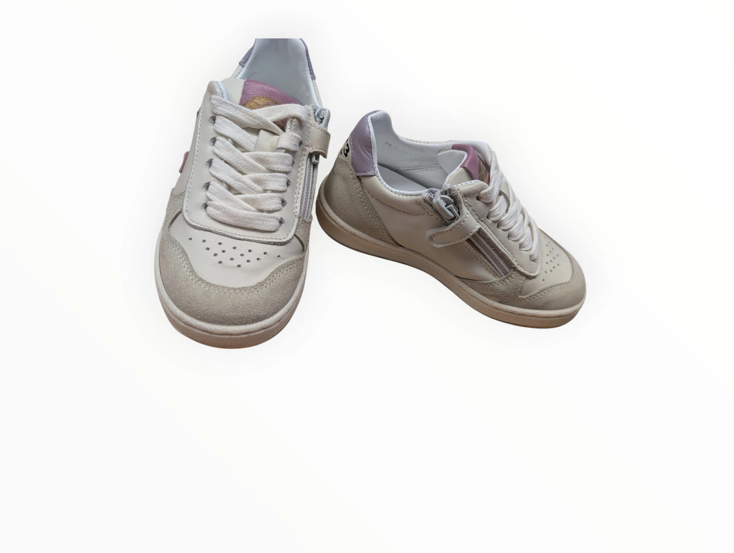 Pierrot Outlet kindersneakers van leer en suède in crème met paarse en roze accenten, ritssluiting en veters