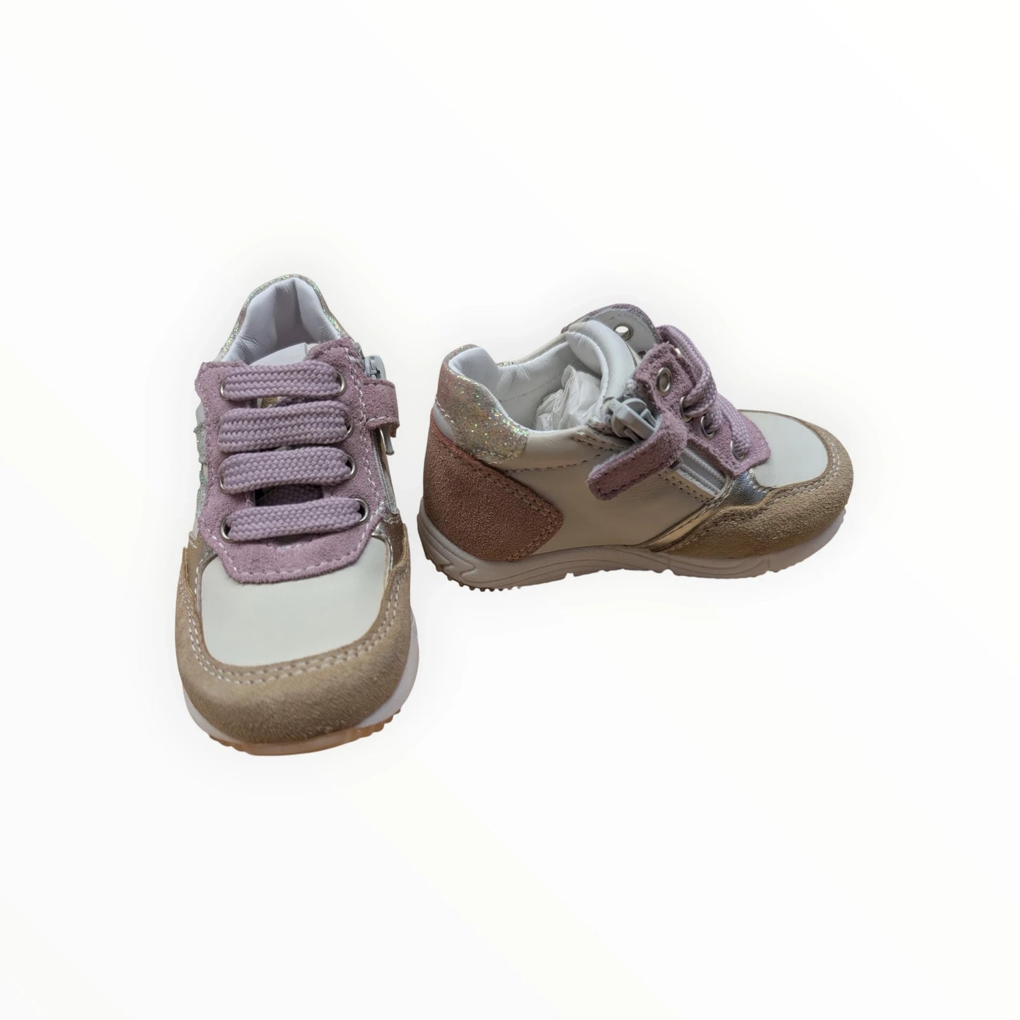 Pierrot Outlet kindersneakers met veters en klittenband in beige, crème en roze met glitteraccenten. Leer en suède.