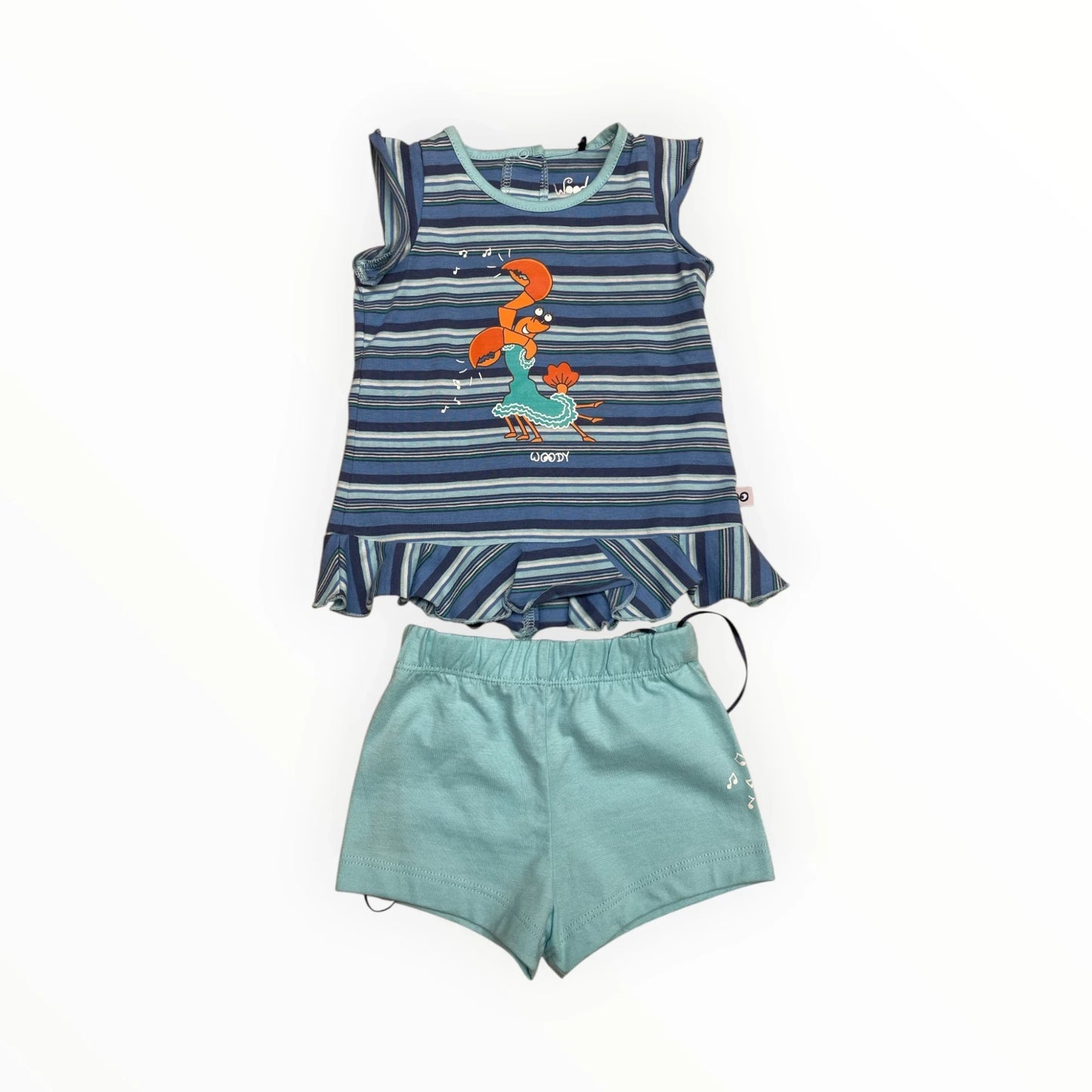 Pierrot Outlet meisjes kleding set met gestreept shirt en mintgroen short met krabprint. Zomerkleding.