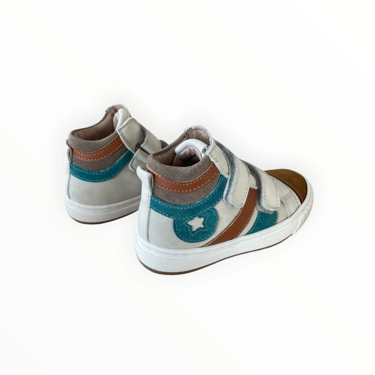 Pierrot Outlet halfhoge kindersneakers van leer en suède in wit, bruin en petrolblauw met klittenband en ster-detail
