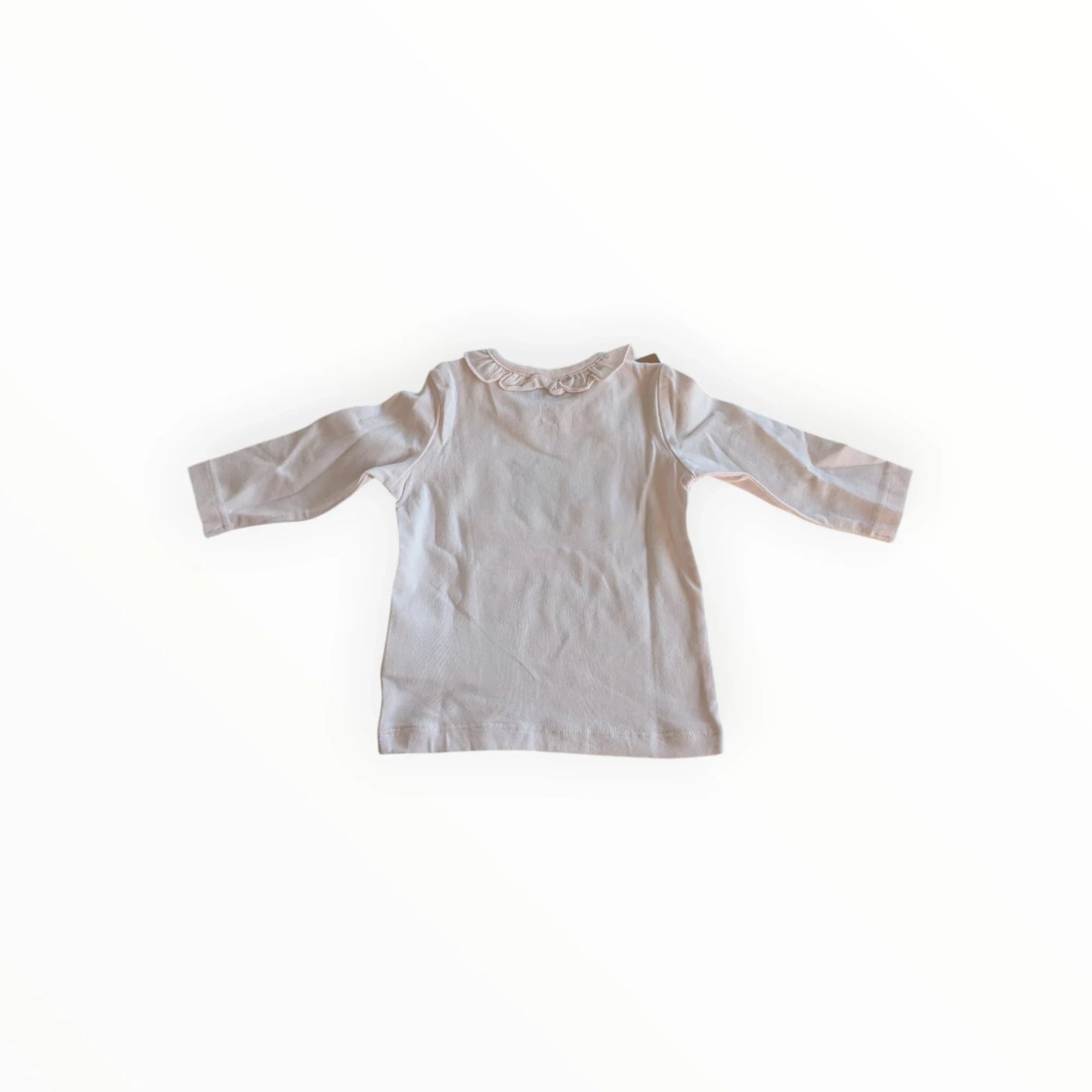 Pierrot Outlet lichtroze katoenen shirt met lange mouwen, ruchekraag en geborduurde vlinder