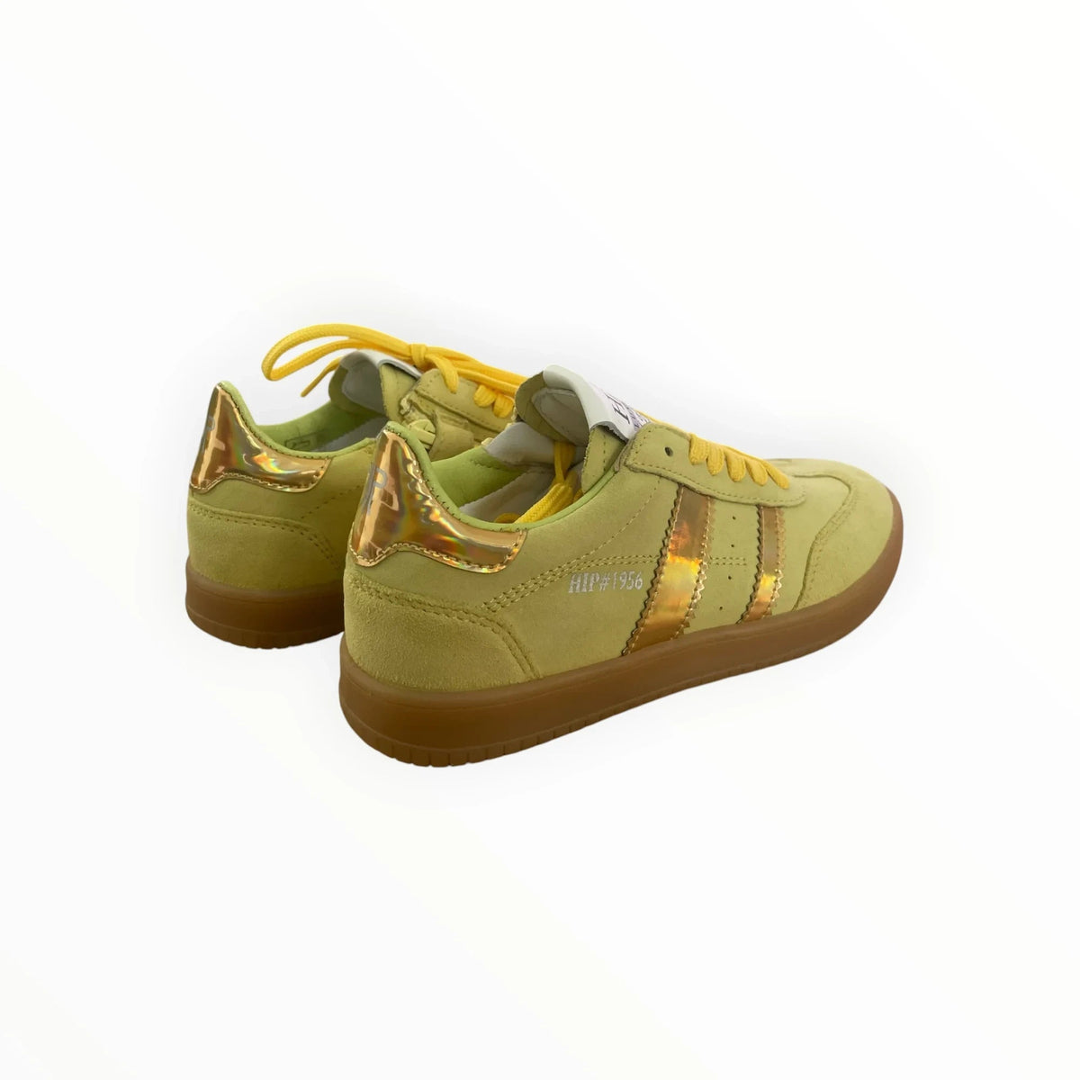 Pierrot Outlet lime green suede low top sneakers with metallic gold side stripes, heel tabs, and gum rubber soles.