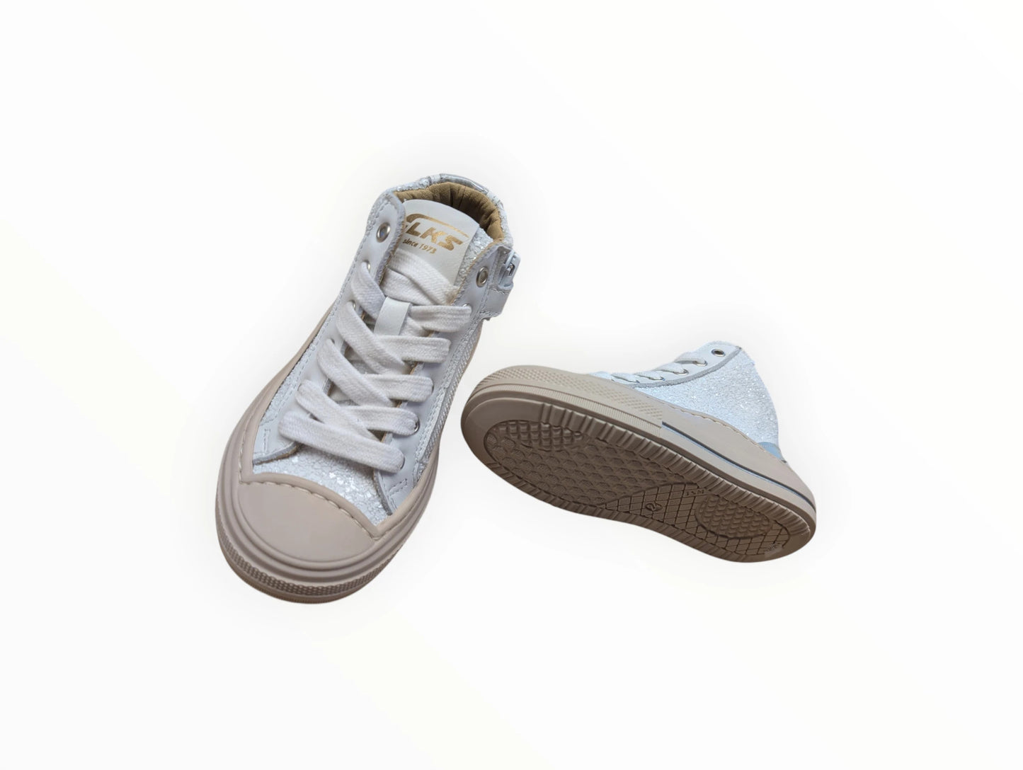 Pierrot Outlet LKS witte hoge sneakers met glitter en rits, leer en glitterstof, rubberen neus en zool.