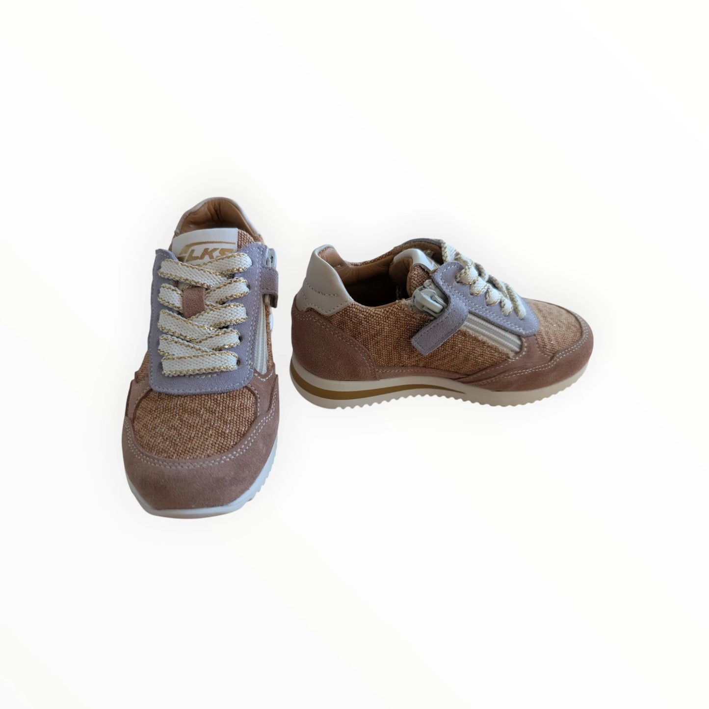 Pierrot Outlet LKS kindersneakers met veters en rits in bruin/roze met gouden accenten, textiel en suède-look