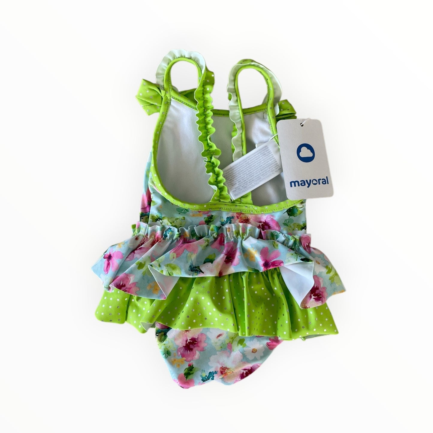 Mayoral zwempak voor meisjes met bloemenprint, ruches, limegroene accenten en strikjes bij Pierrot Outlet.
