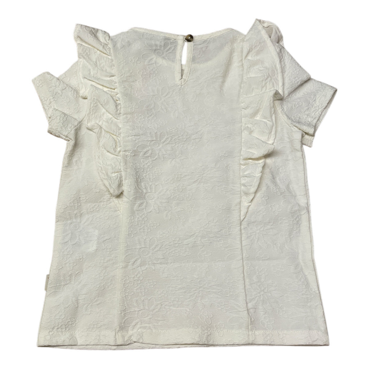 Pierrot Outlet meisjes blouse met ruches in crèmekleurige geborduurde stof met korte mouwen en knoopsluiting aan de achterkant.
