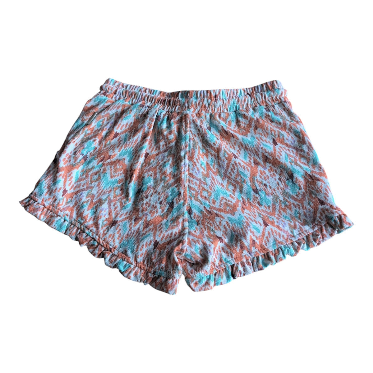 Pierrot Outlet meisjes shorts met oranje, turquoise en witte print en ruches zoom. Elastische tailleband.