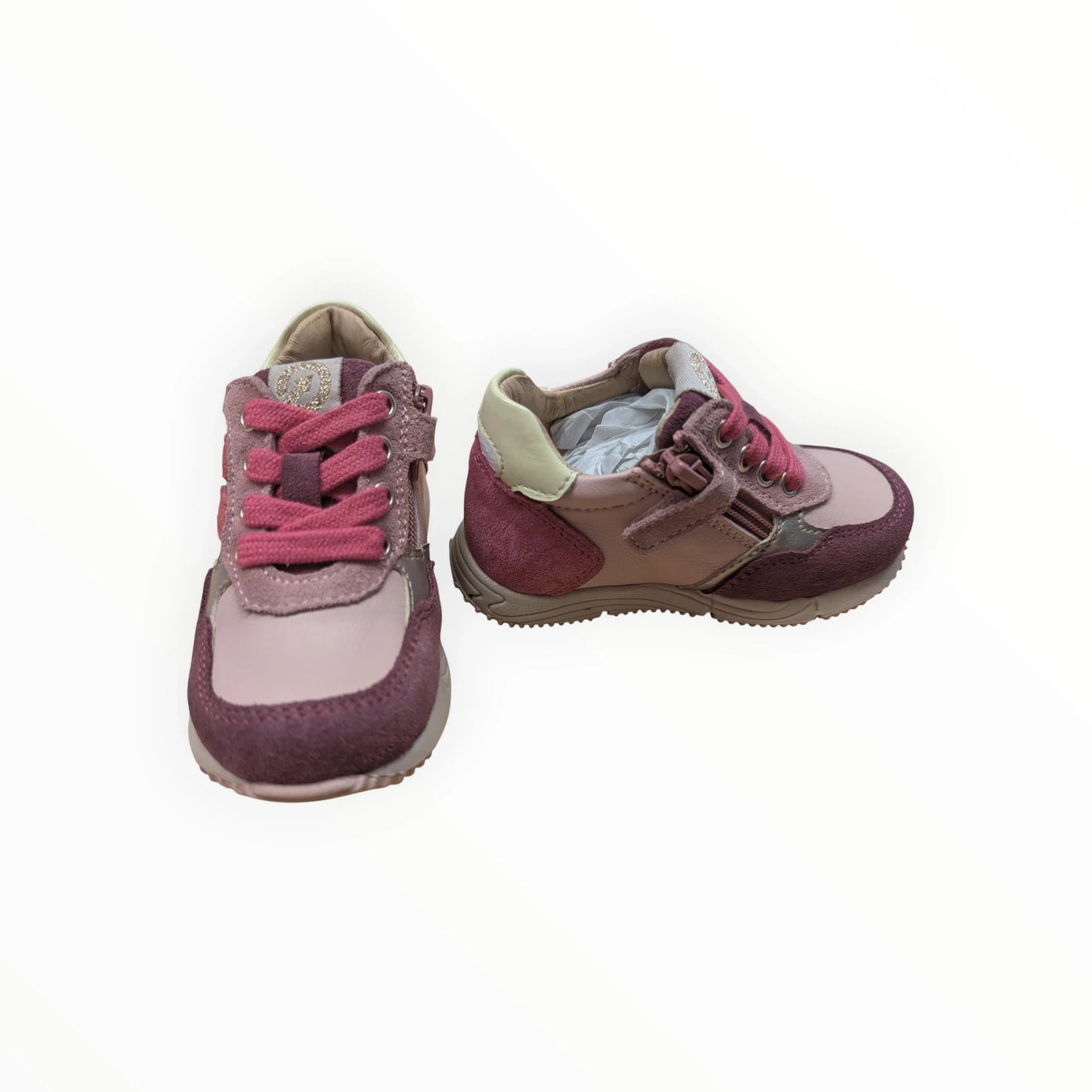 Pierrot Outlet meisjes sneakers in roze, paars en taupe met suède en leer. Met veters en klittenband.