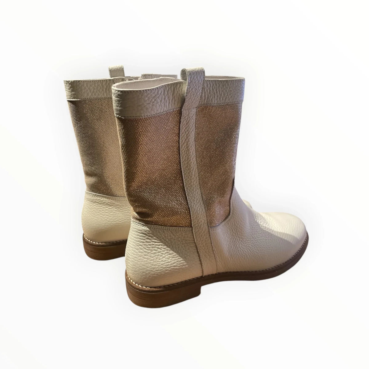 Pierrot Outlet off-white leren halfhoge laarzen met glinsterende goudkleurige textielpanelen en platte zool