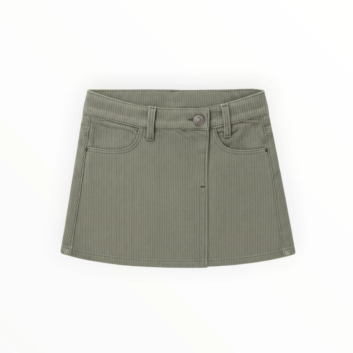 Pierrot Outlet olijfgroene korte rok van corduroy met A-lijn pasvorm, zakken en knoopsluiting.