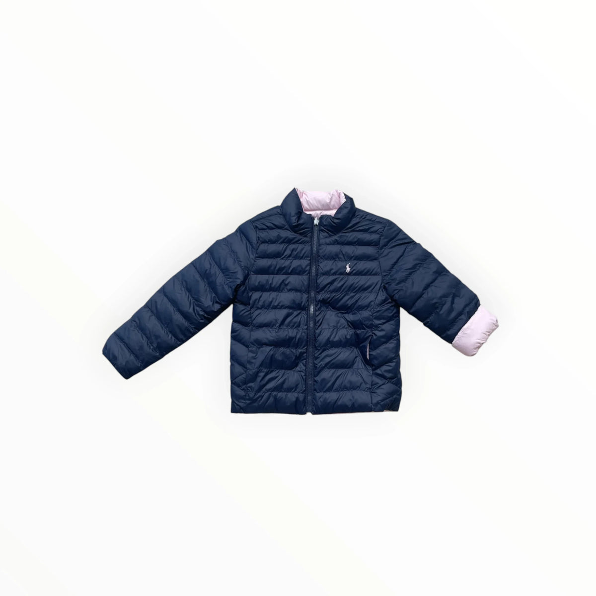Pierrot Outlet omkeerbaar gewatteerd jack voor kinderen in donkerblauw en lichtroze met iconisch logo op de borst