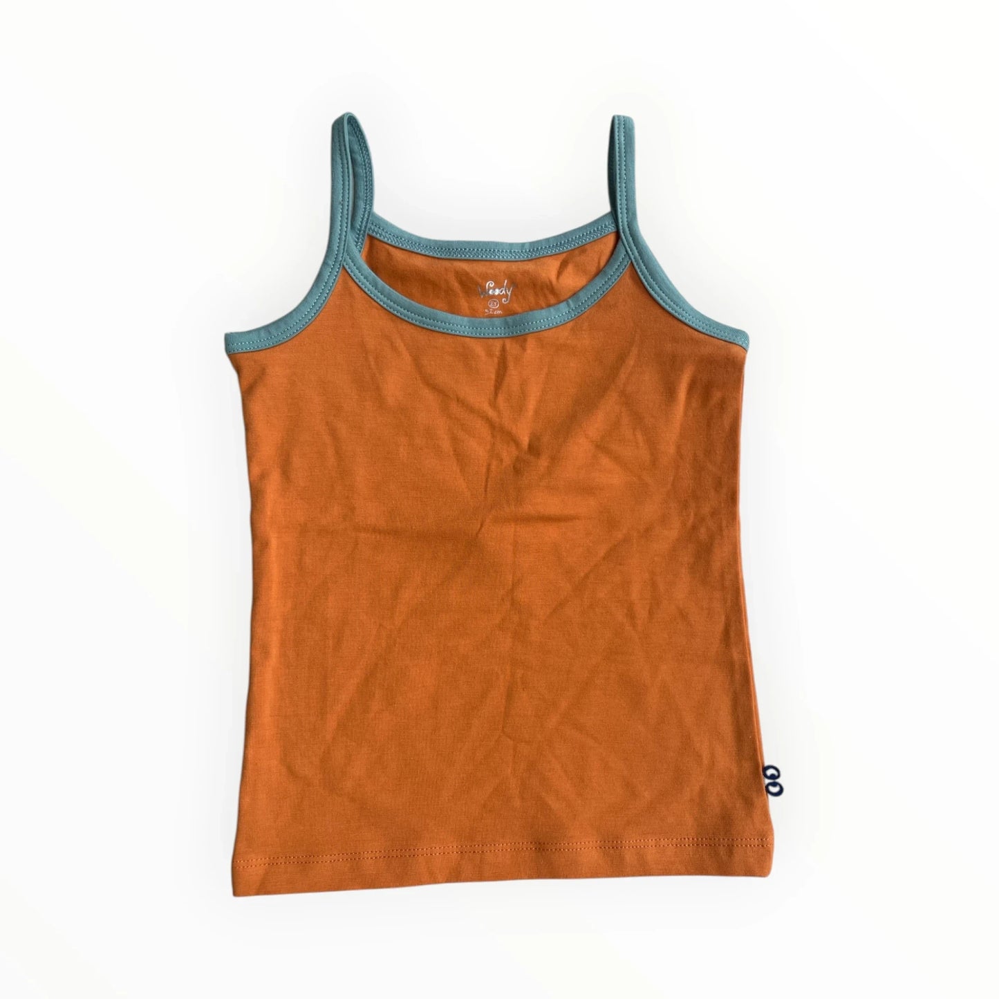 Pierrot Outlet oranje kinder tanktop van katoen met blauwe bies en smalle bandjes.
