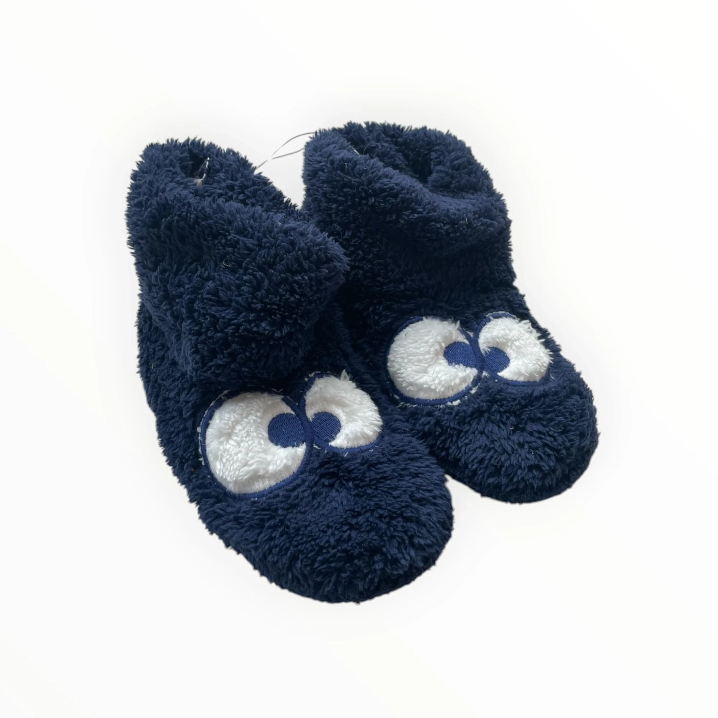 Pierrot Outlet donkerblauwe pluche pantoffels voor kinderen met witte en blauwe ogen. Hoge schacht voor extra warmte.